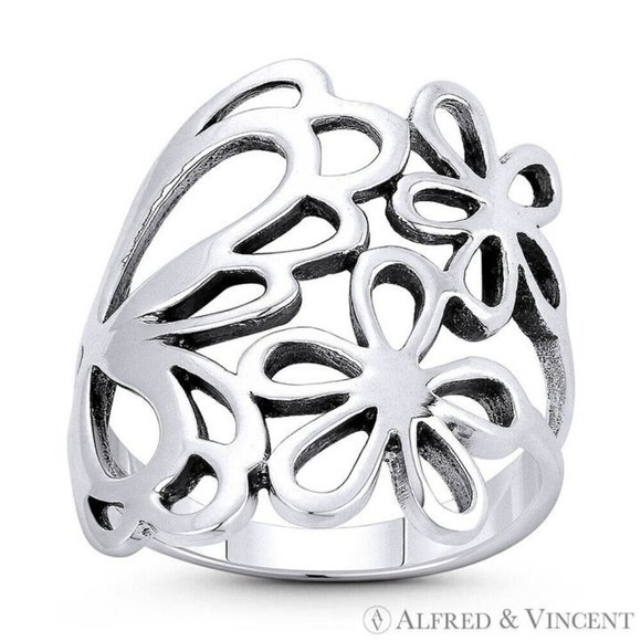 Butterfly & Flower Wide Charm Statement Ring in .925 Sterling Silver - Size 7 - Picture 1 of 1